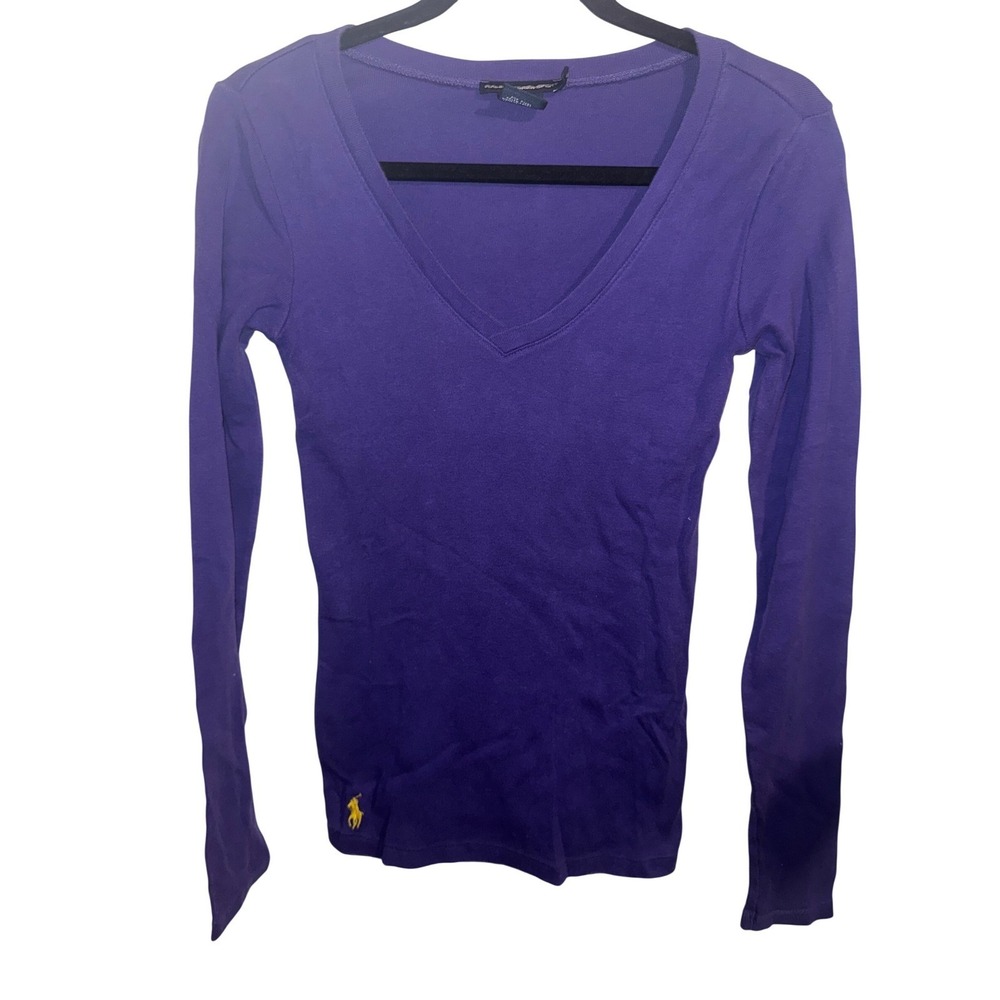 Ralph Lauren Sport Sz S Purple V-Neck Long Sleeve Cotton Tee Shirt Yellow Pony S